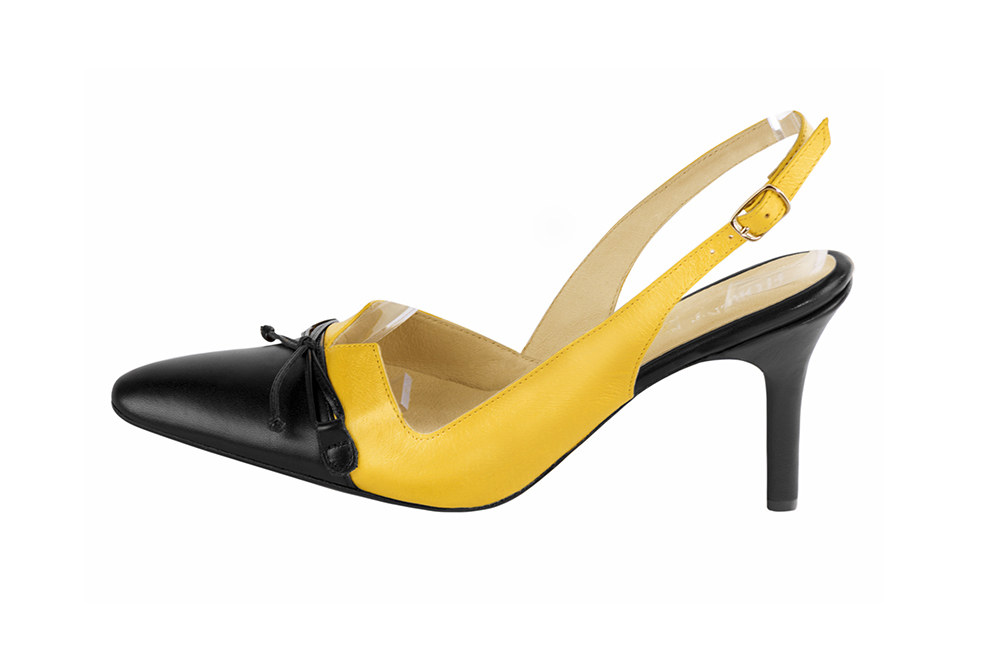 Satin black and yellow women's open back shoes, with a knot. Tapered toe. High slim heel. Profile view - Florence KOOIJMAN